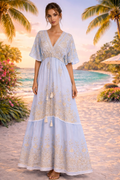 Embroidered Maxi Dress - Pale blue and Gold