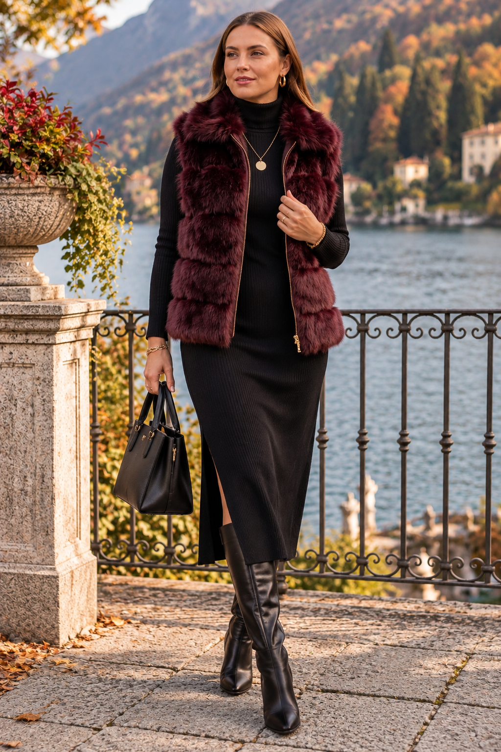 Faux Fur Zip Up Gilet - Berry