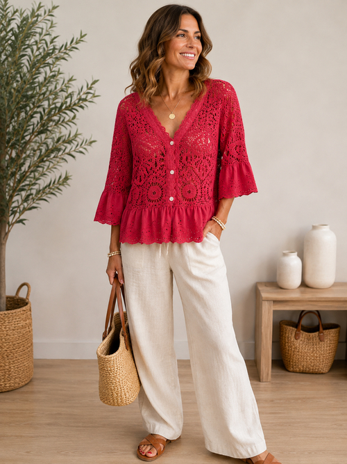 Crochet Cardigan Top - Wine