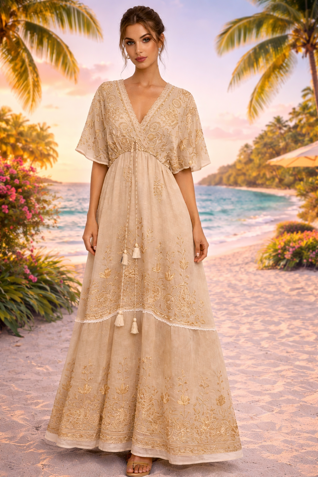 Embroidered Maxi Dress - Beige and Gold