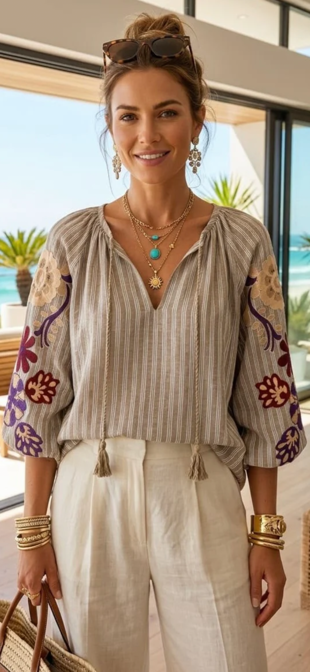 Striped Cotton Embroidery Blouse