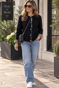 Leopard Trim Knit Cardigan - Black