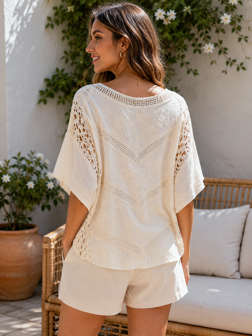 Cotton Embroidered Top - Beige
