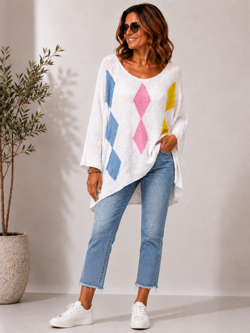 Geometric Diamond Jumper - White