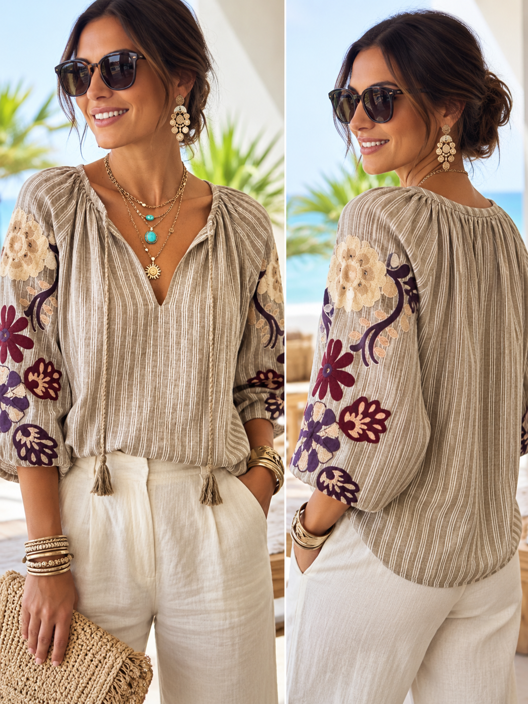Striped Cotton Embroidery Blouse