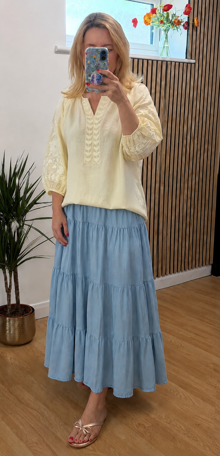 V Neck Embroidered Top - Lemon