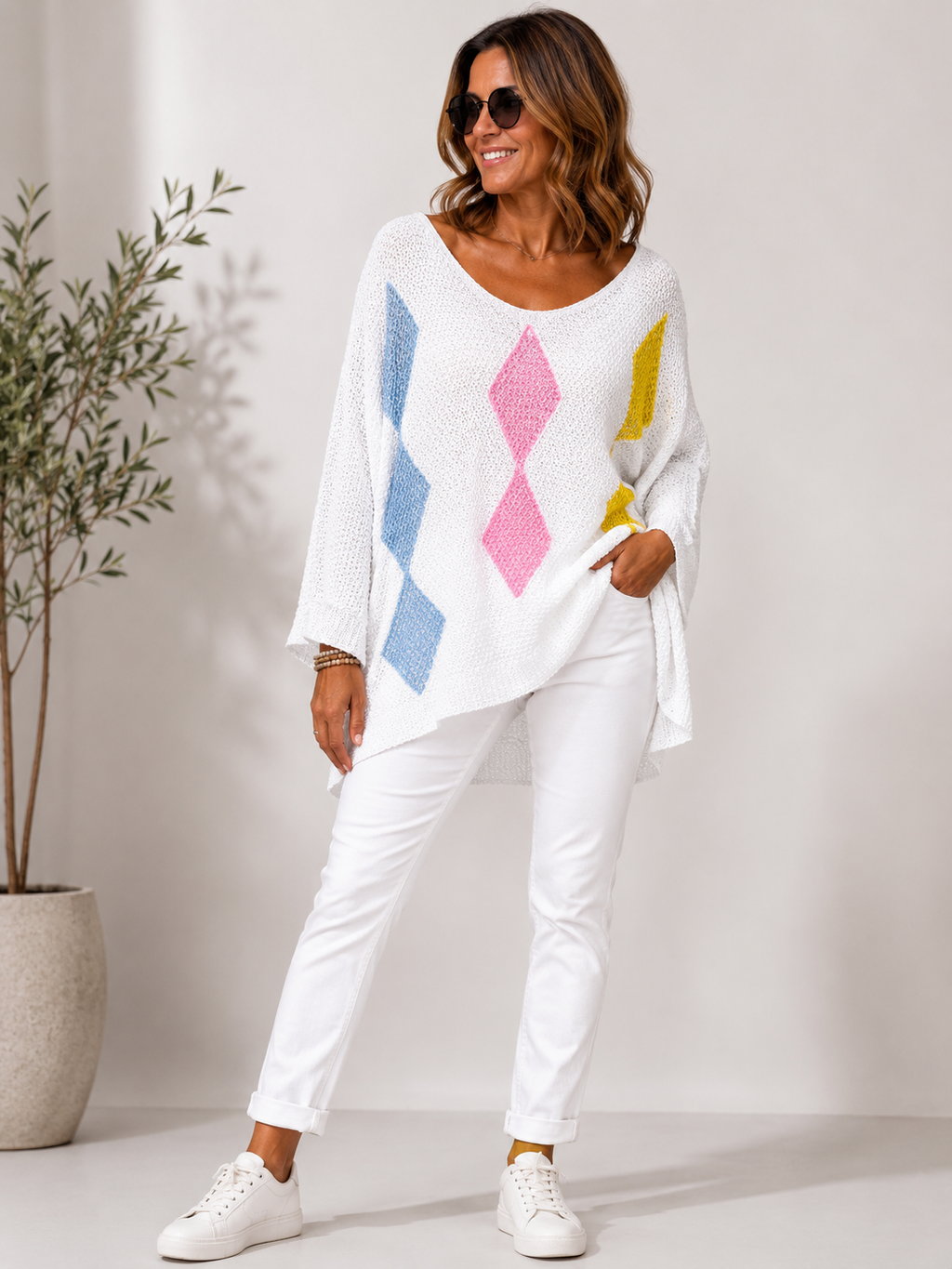 Geometric Diamond Jumper - White