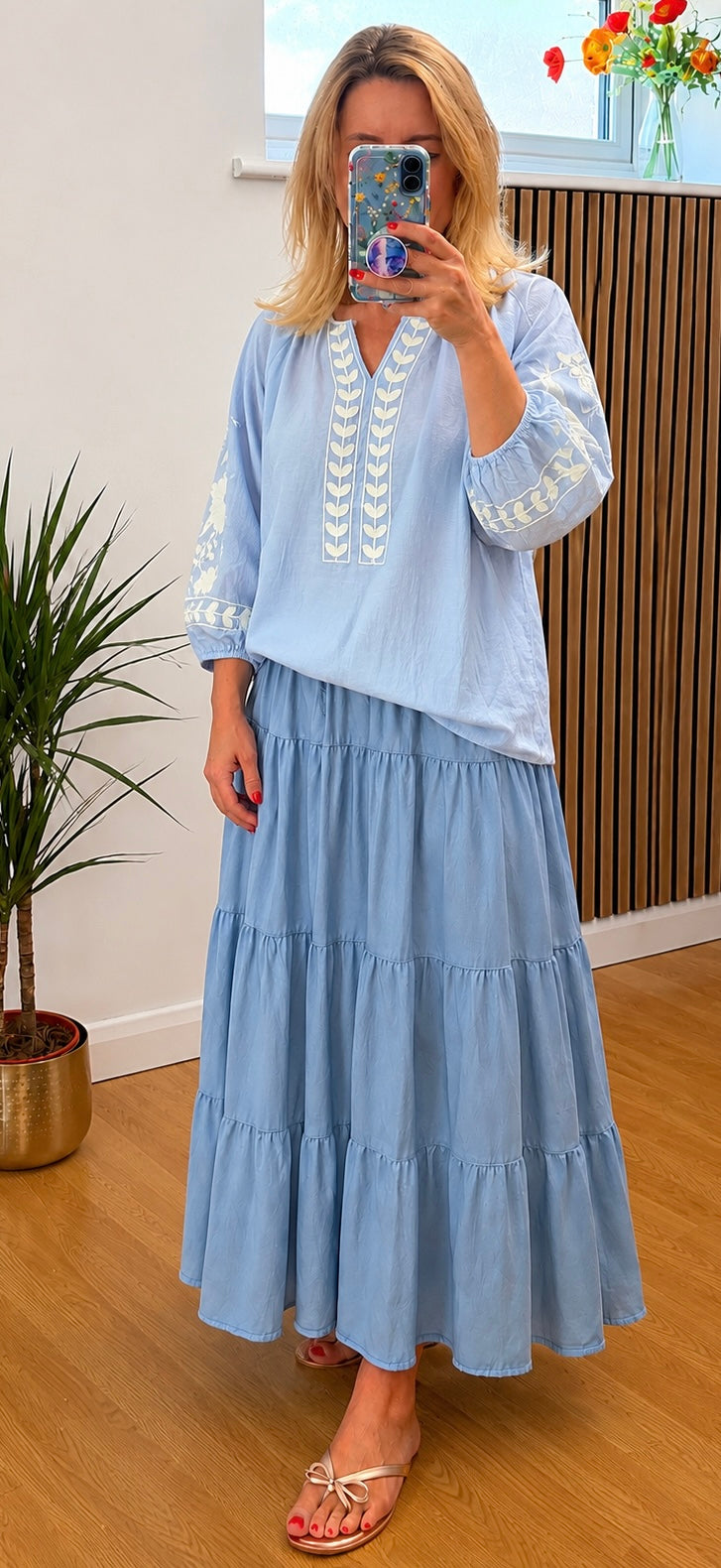 V Neck Embroidered Top -Blue