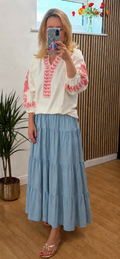 V Neck Embroidered Top - Beige