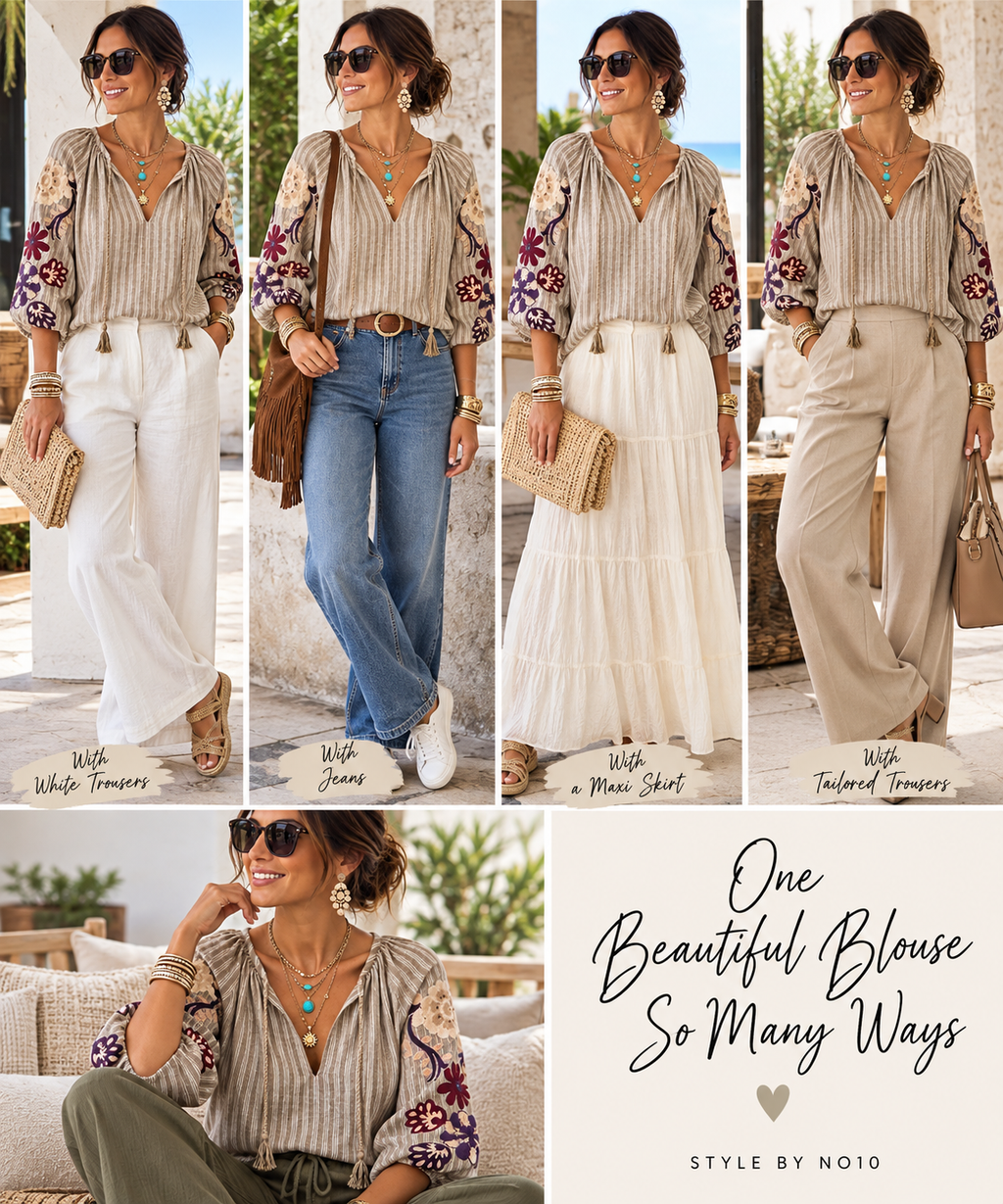 Striped Cotton Embroidery Blouse