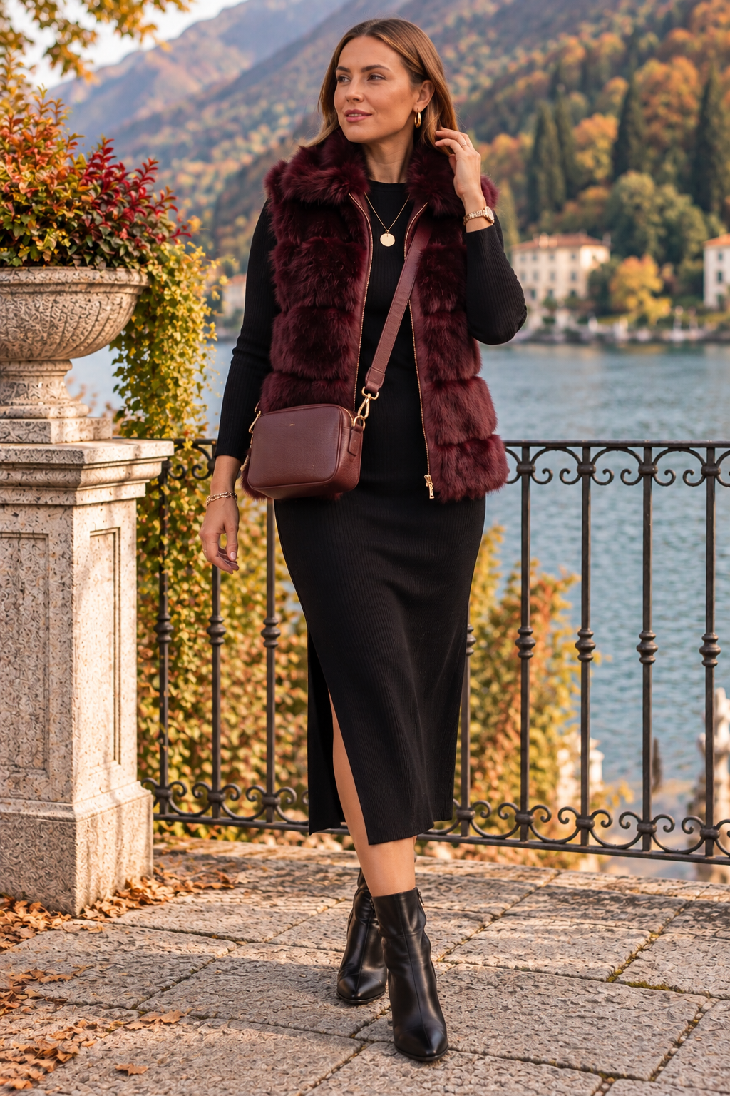 Faux Fur Zip Up Gilet - Berry