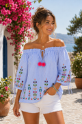 Bardot stripe/floral top - Baby Blue