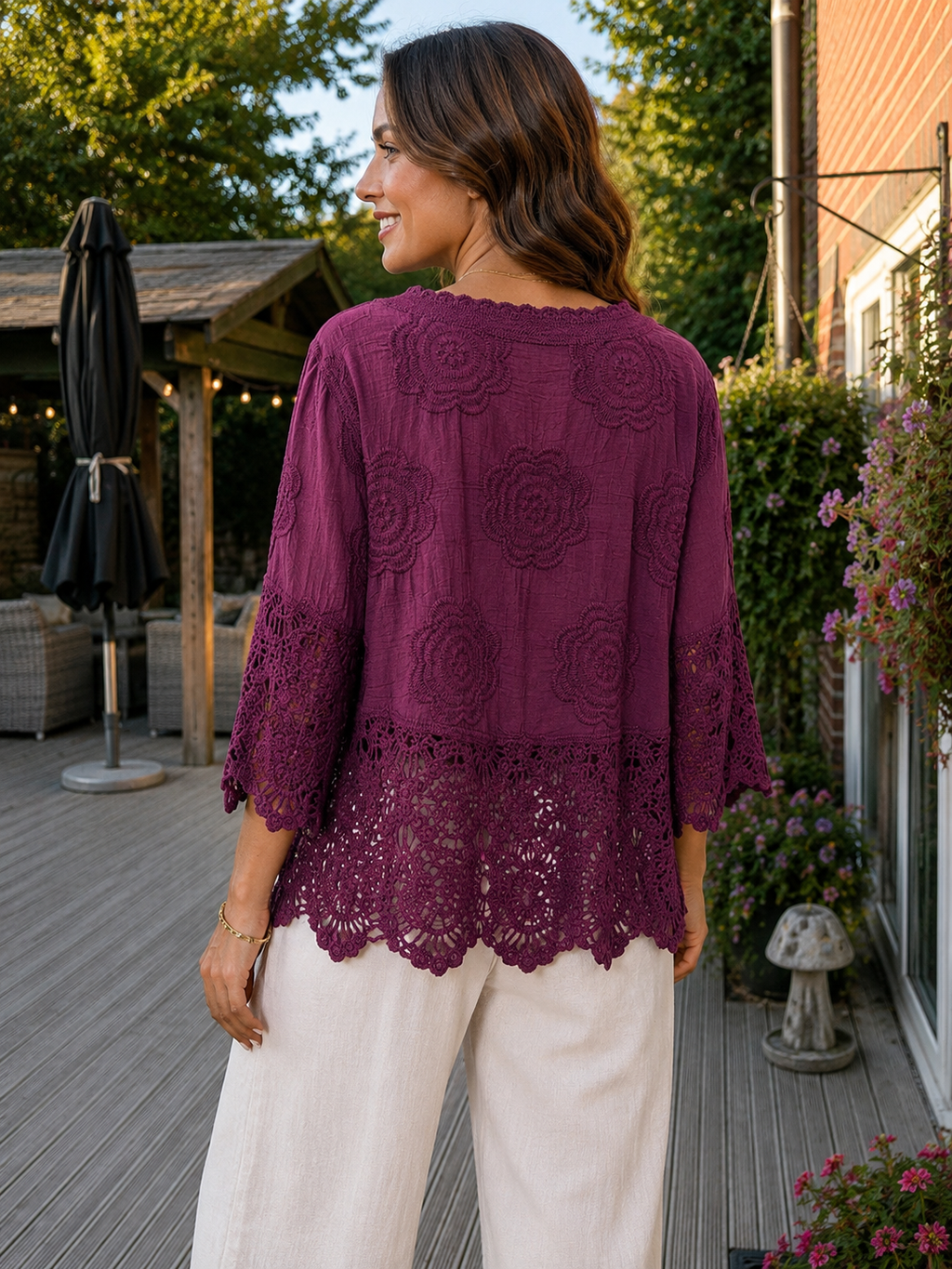 Sarah 3/4 Sleeve Crochet Top - Berry