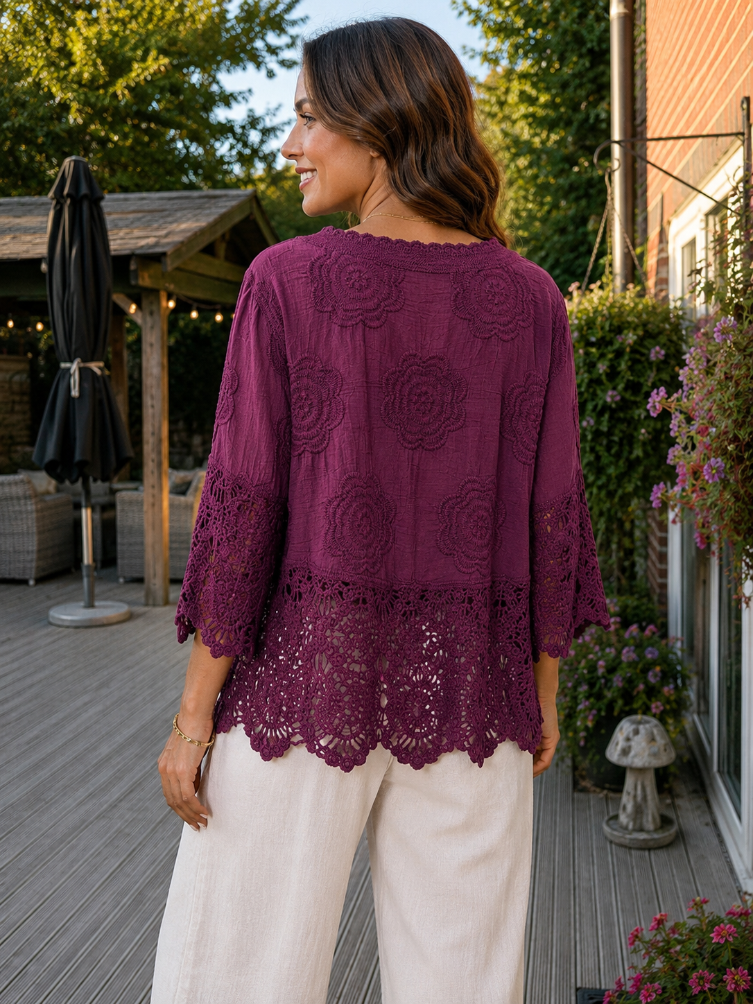 Sarah 3/4 Sleeve Crochet Top - Berry