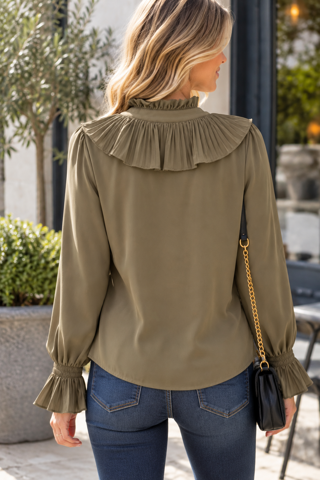 Long Sleeve Frill Blouse - Khaki