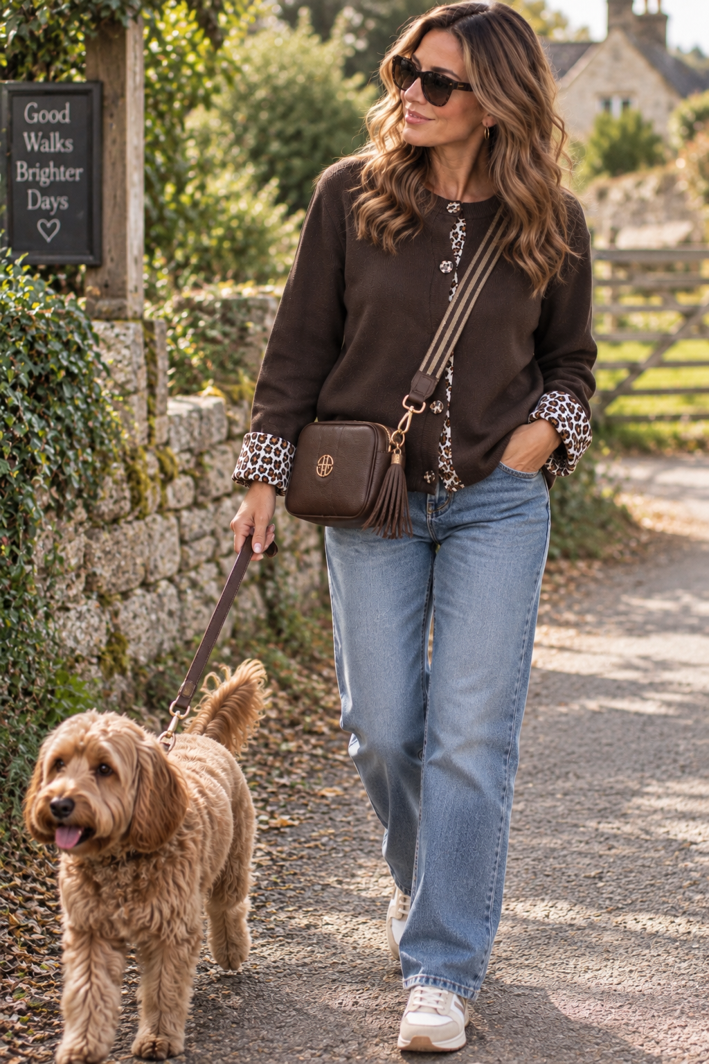 Leopard Trim Knit Cardigan - Chocolate Brown