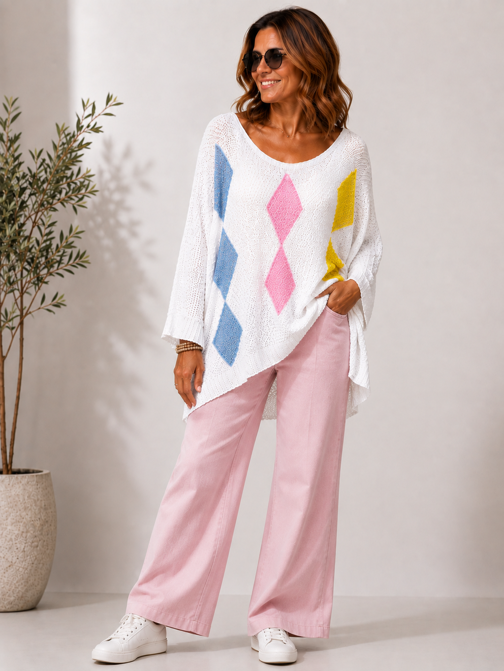 Geometric Diamond Jumper - White