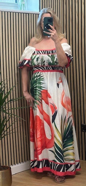 Flamingo Bardot dress