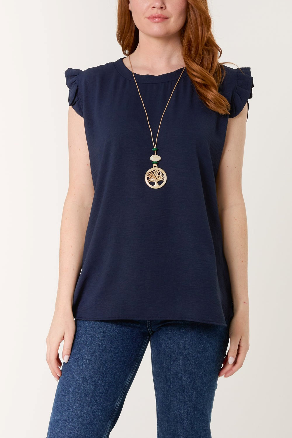 Frankie Frill Sleeve Top with necklace - Navy