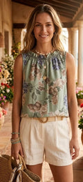 Floral Sleeveless Ruffle Neck Top - Sage