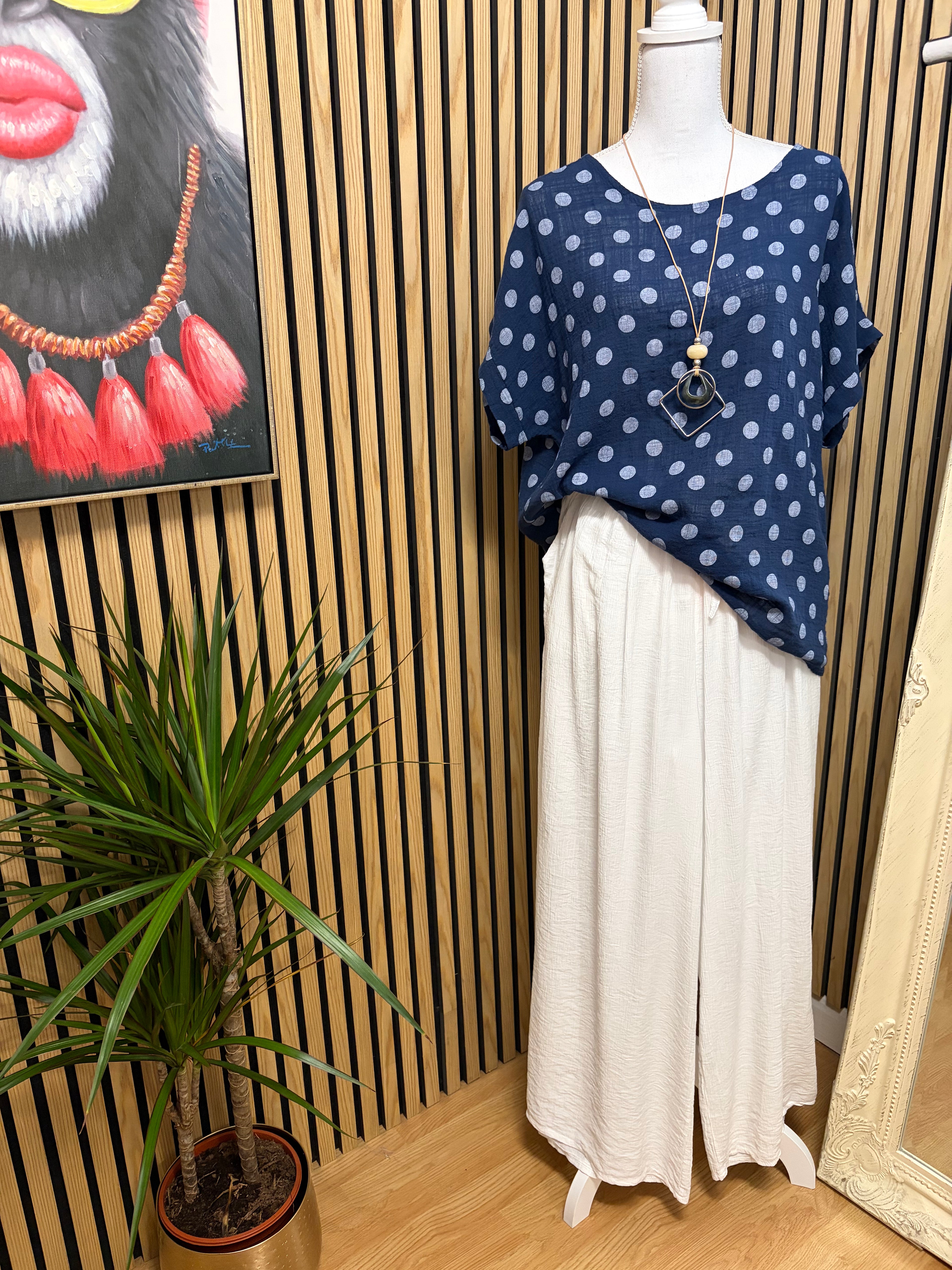 Polka Dot Necklace Top - Navy