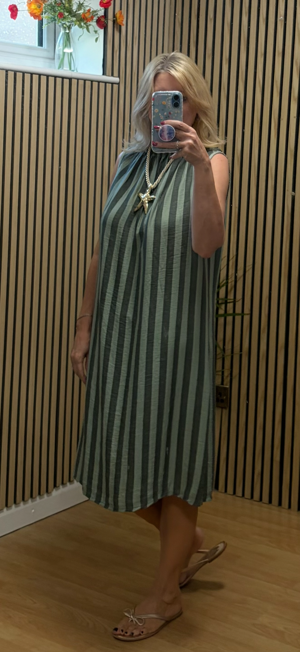Strippy sleeveless tunic dress - Khaki