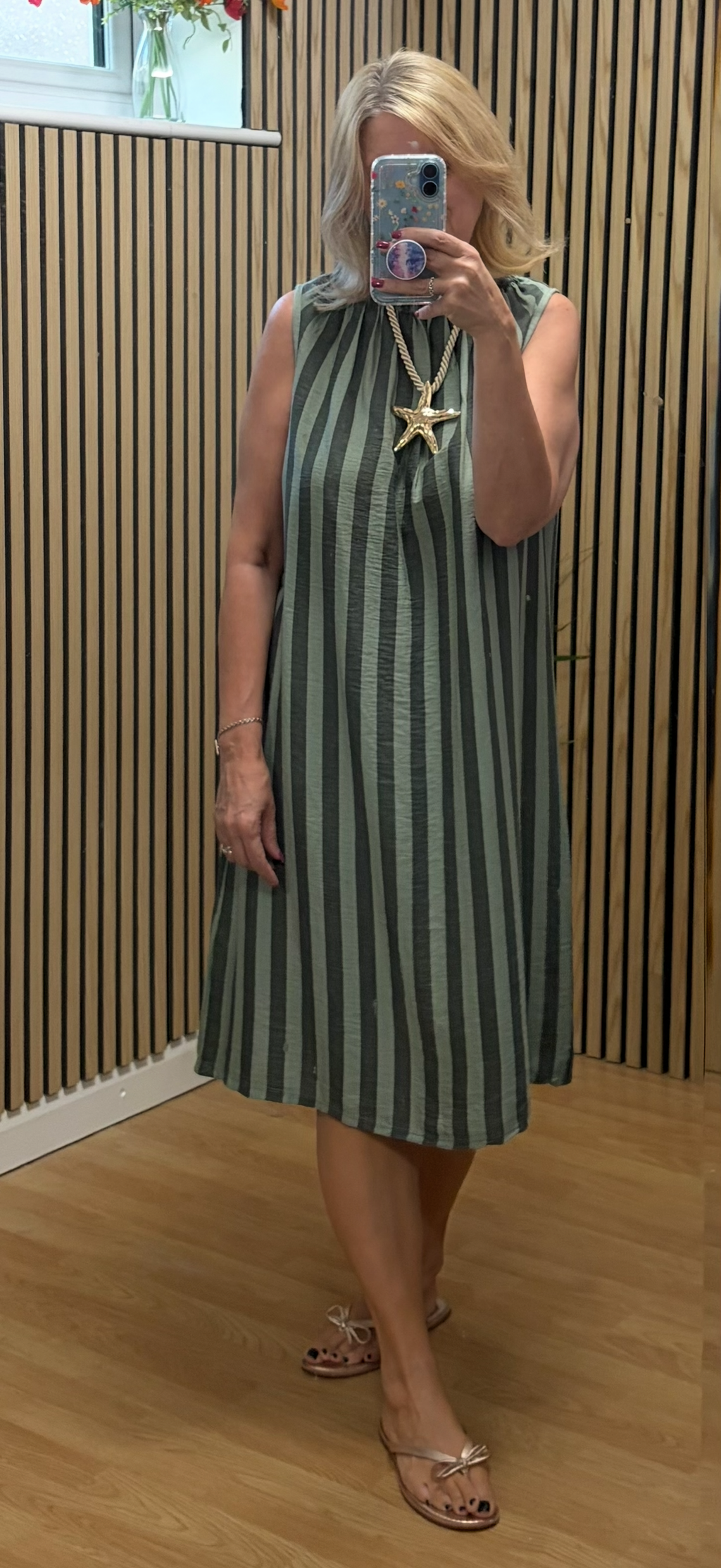 Strippy sleeveless tunic dress - Khaki