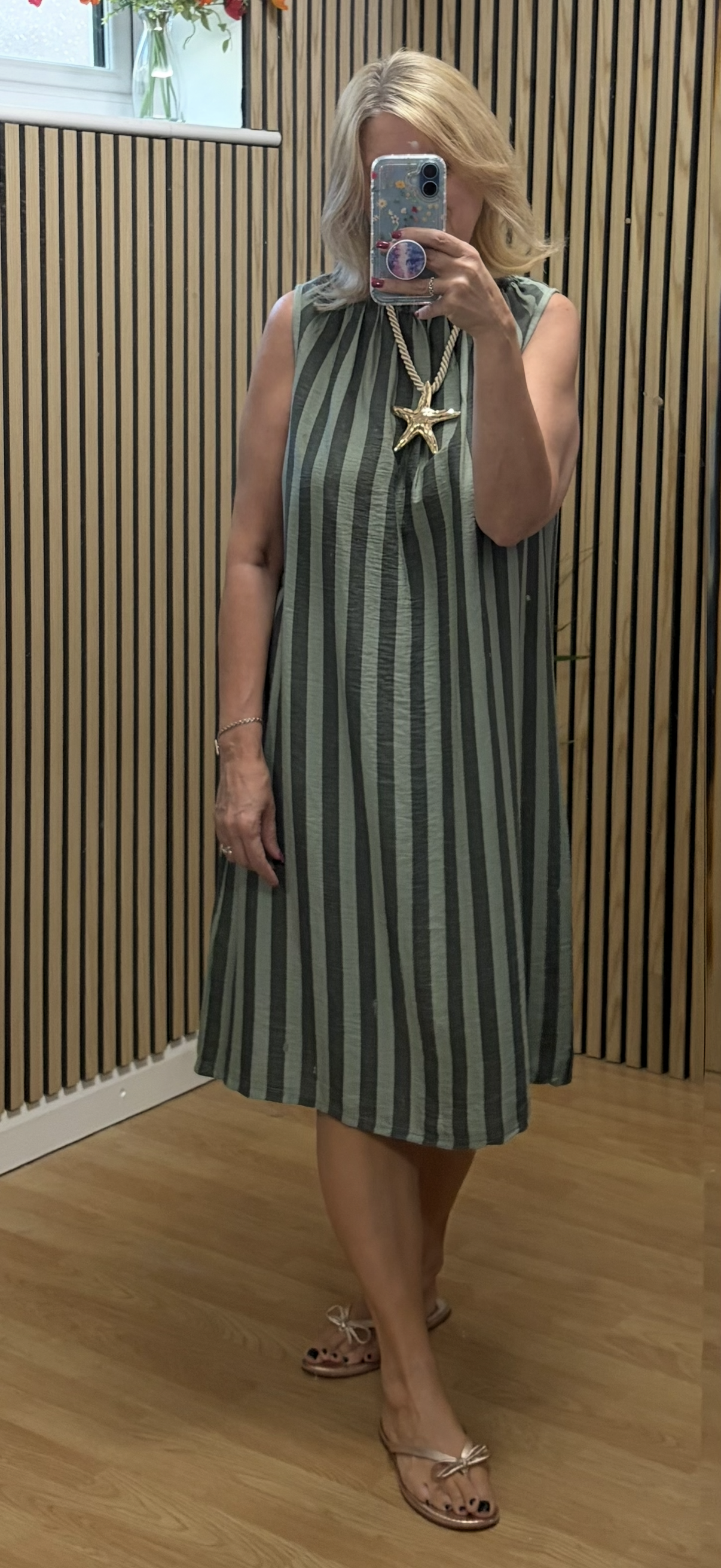 Strippy sleeveless tunic dress - Khaki