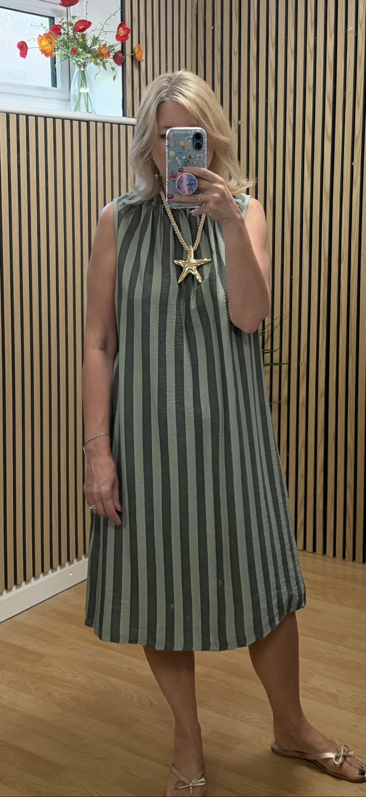Strippy sleeveless tunic dress - Khaki