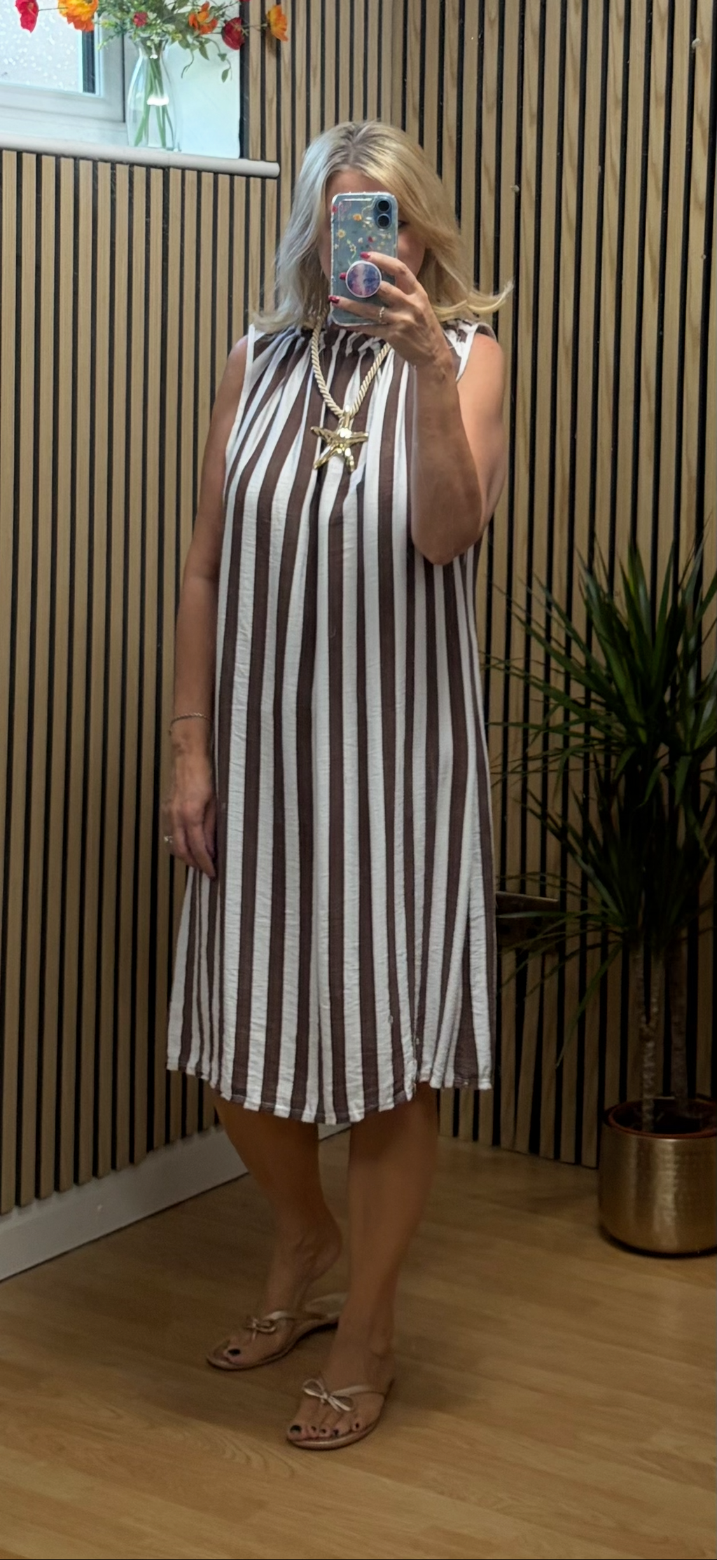 Strippy sleeveless tunic dress -  Brown/White