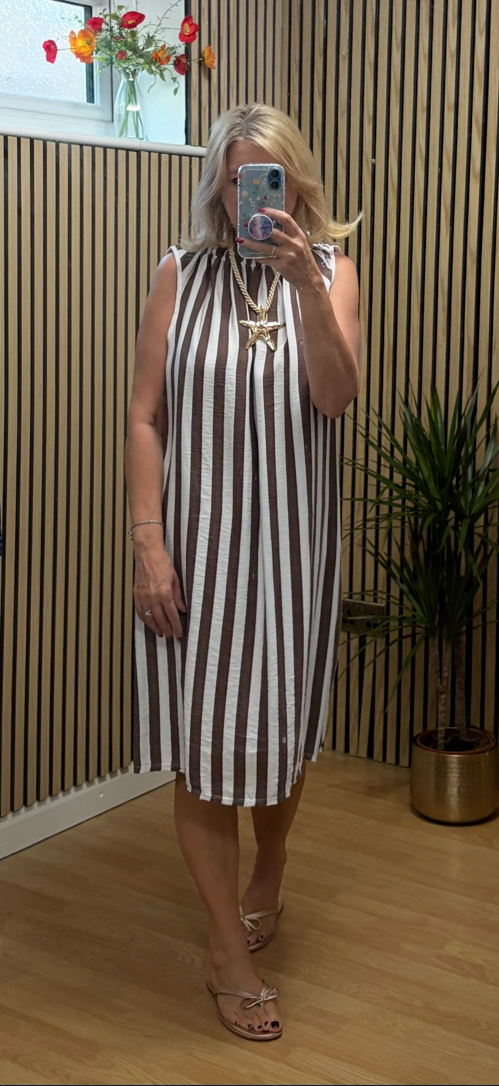 Strippy sleeveless tunic dress -  Brown/White