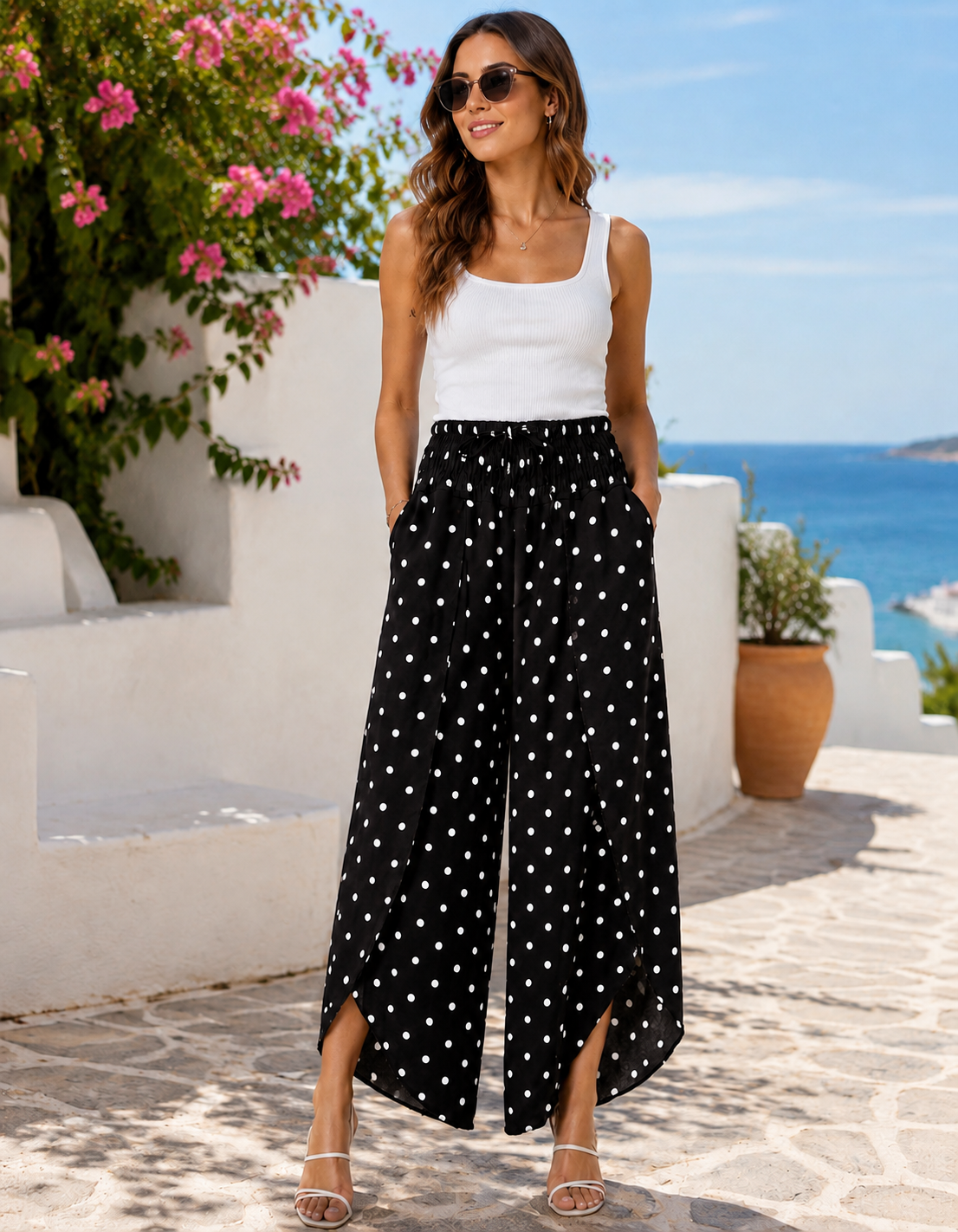 Polka Dot Split Leg Trousers - Black