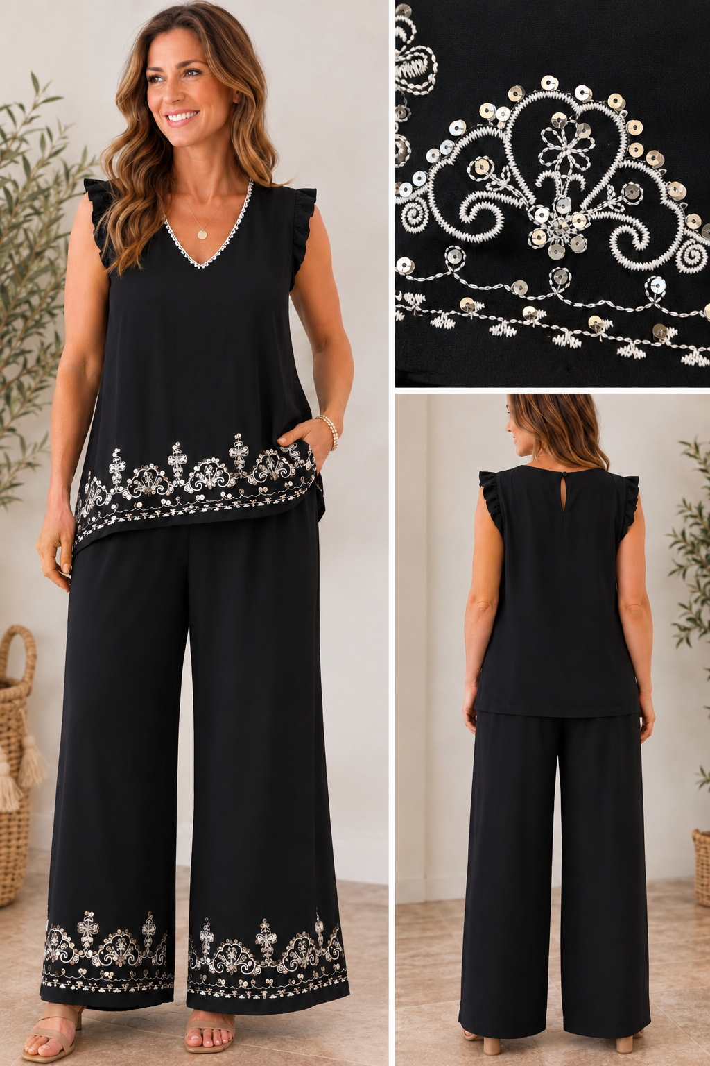 Nina embroidered trouser set - Black