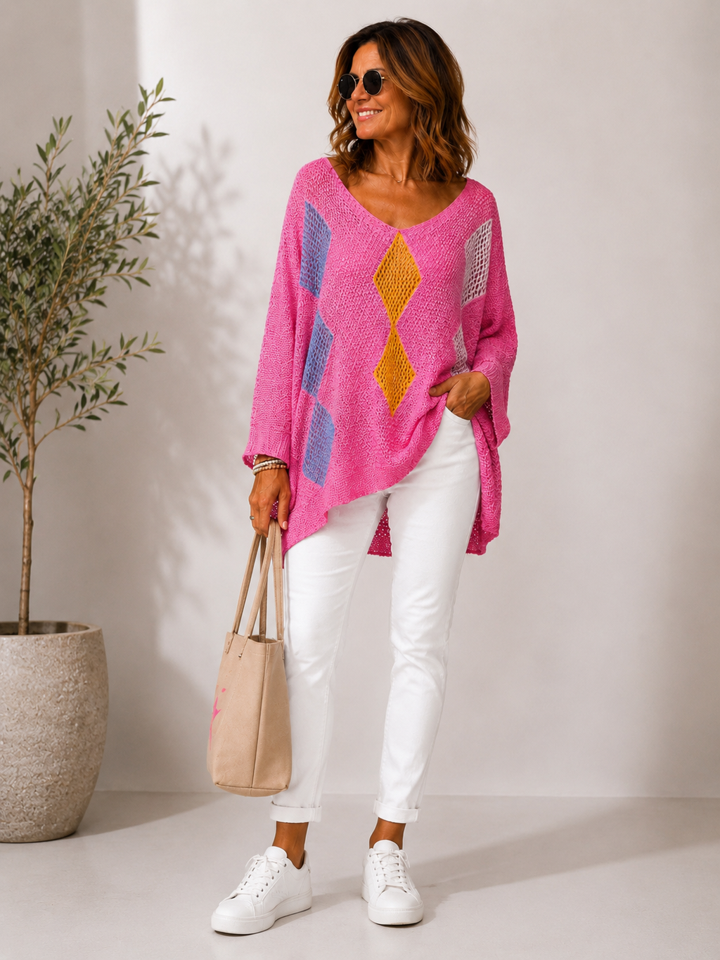 Geometric Diamond Jumper - Pink