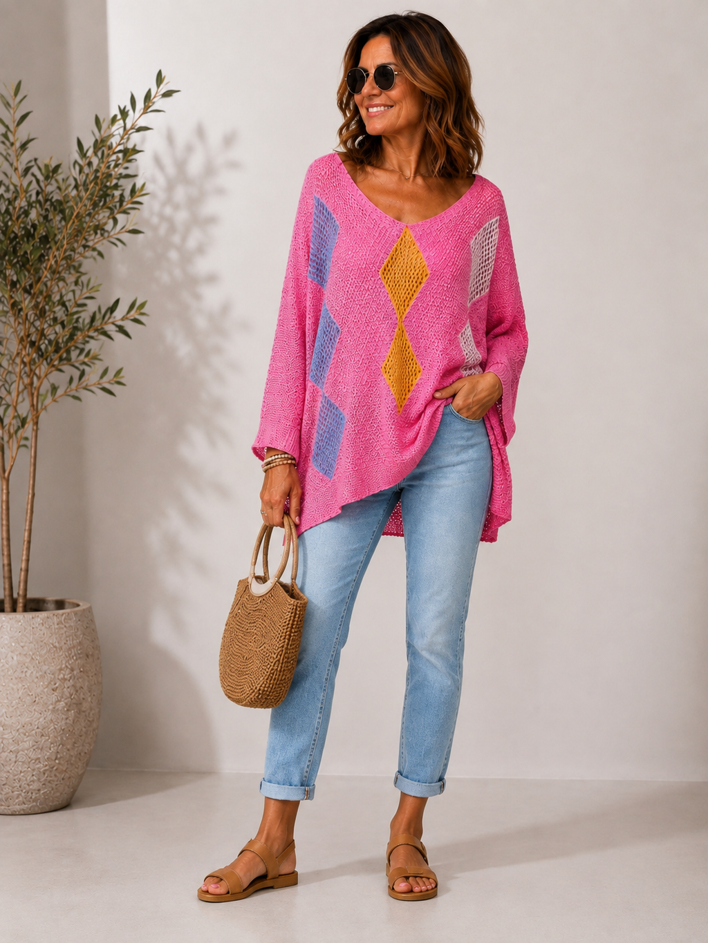Geometric Diamond Jumper - Pink