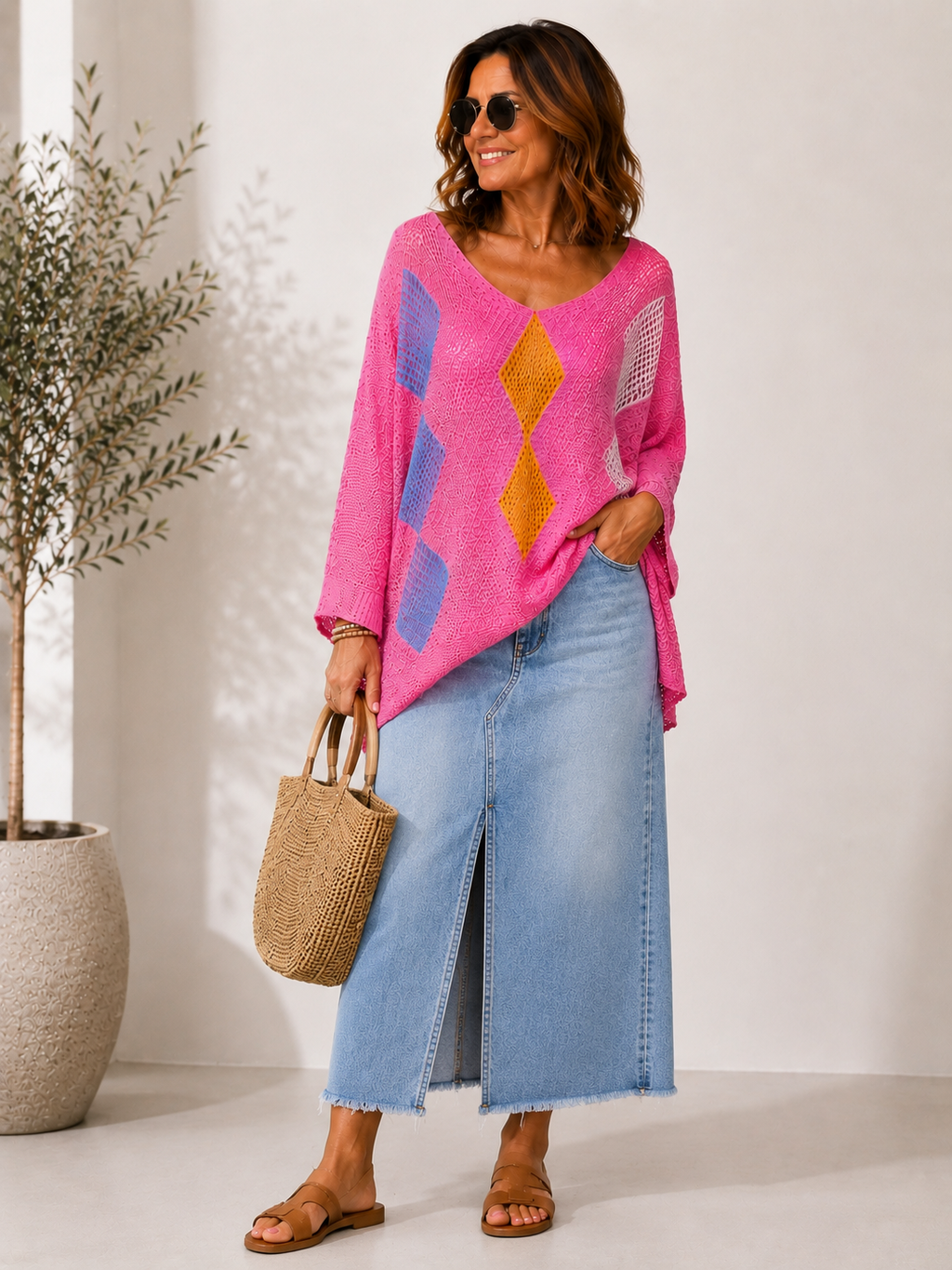 Geometric Diamond Jumper - Pink