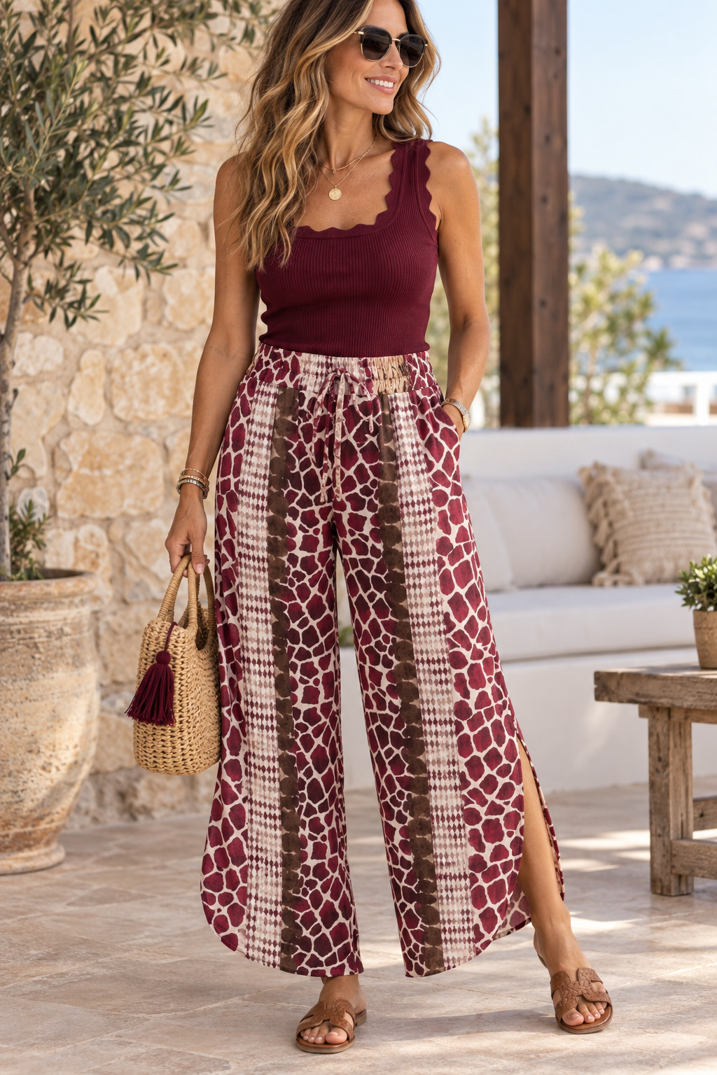 Printed Wide Leg Trousers - Plum