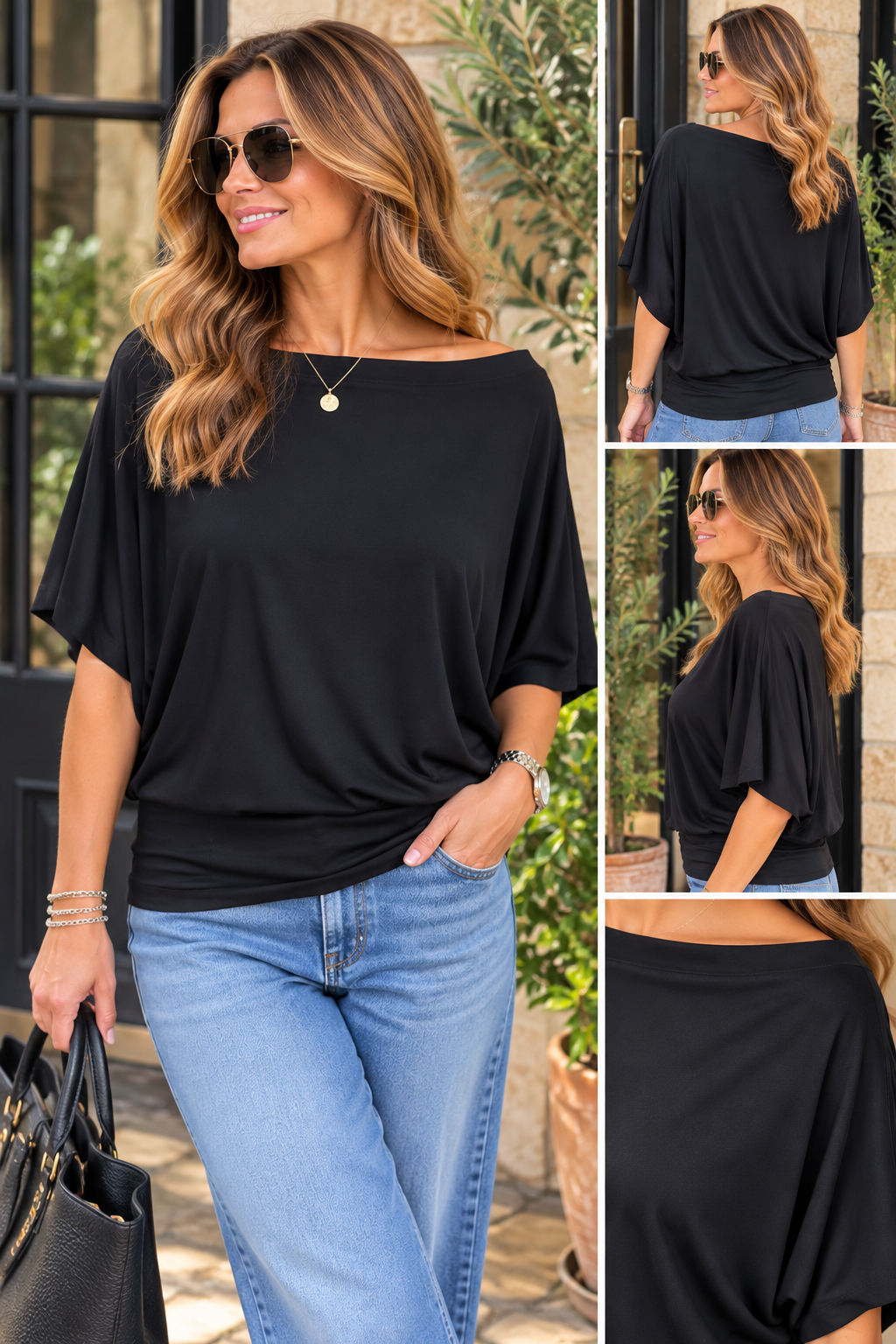 Long Sleeve Jersey Batwing Top - Black
