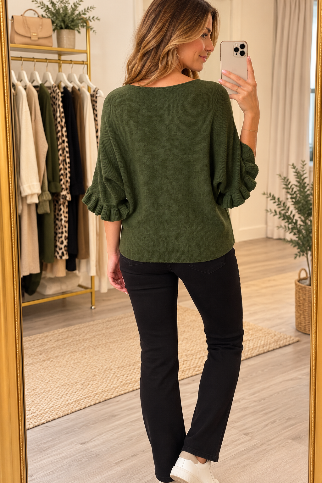 Ruffle Sleeve Knit Top -Khaki