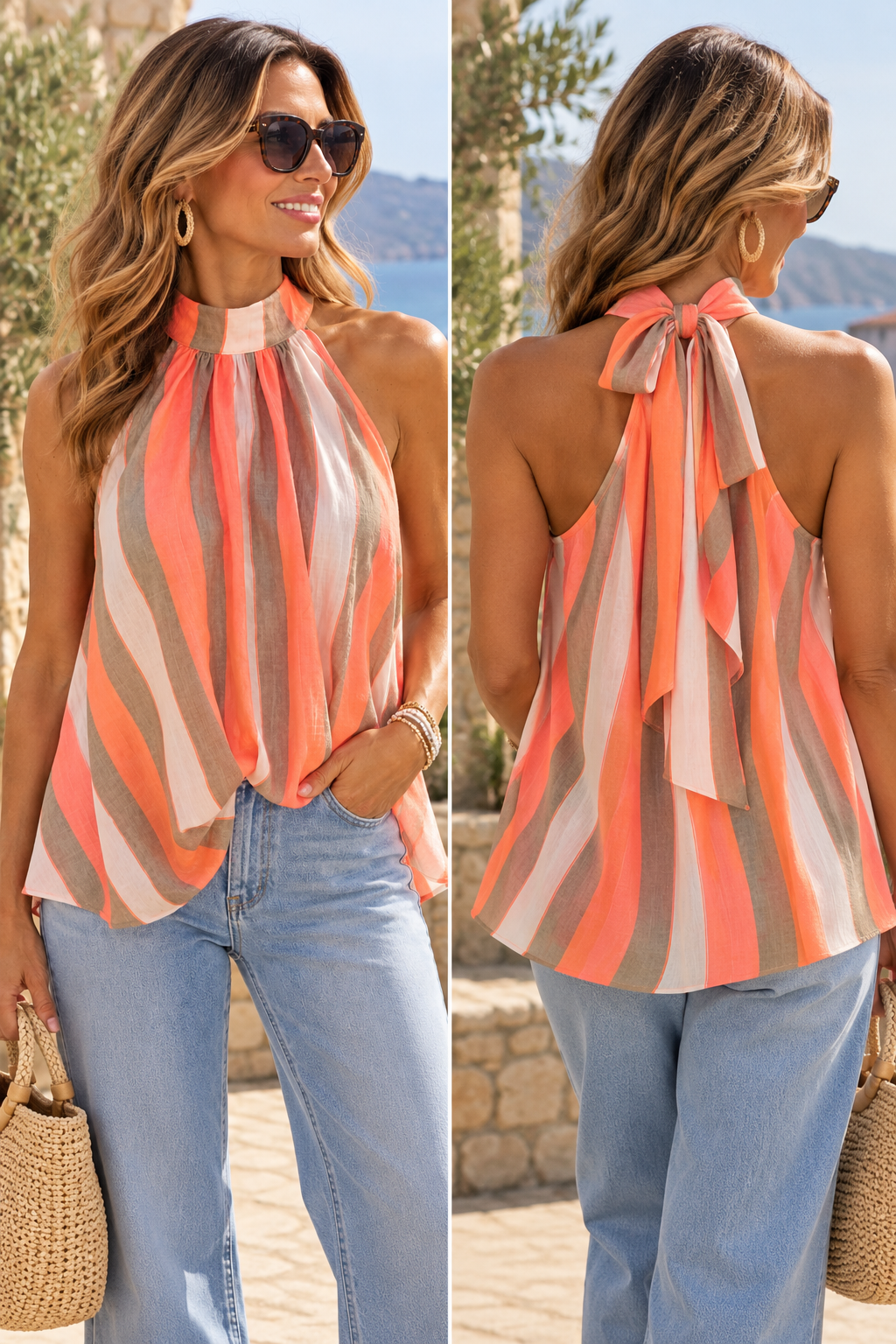 Halter neck Stripy top - Orange/Taupe