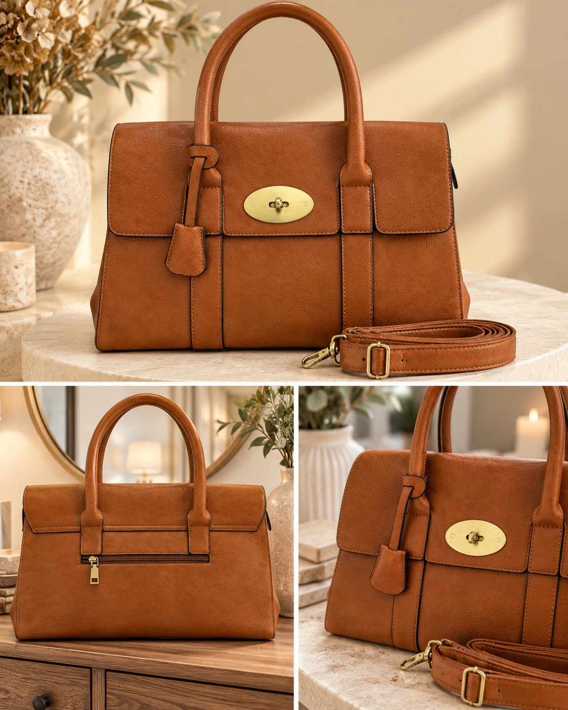 Tan Faux Leather Structured Grab Bag