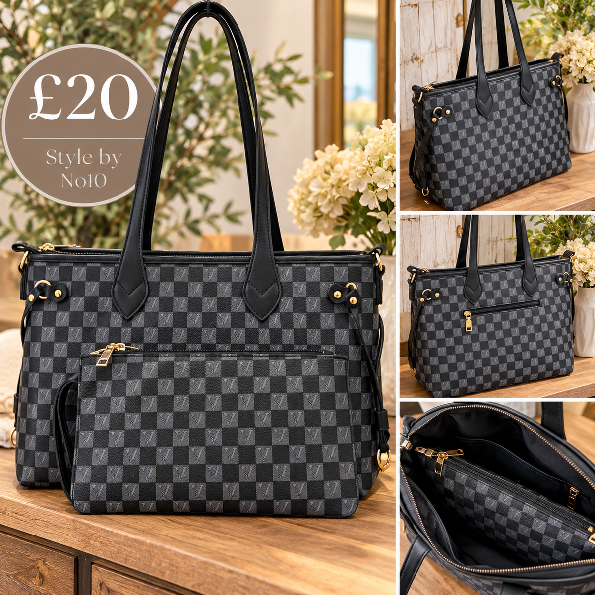 Designer Inspired Tote Bag - Black/Grey