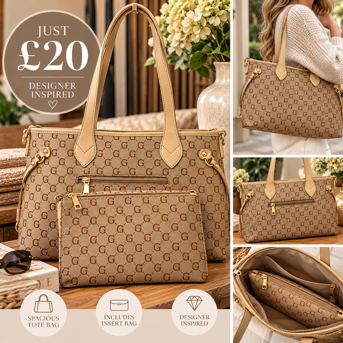 Designer Inspired Tote Bag with insert pouch - Tan