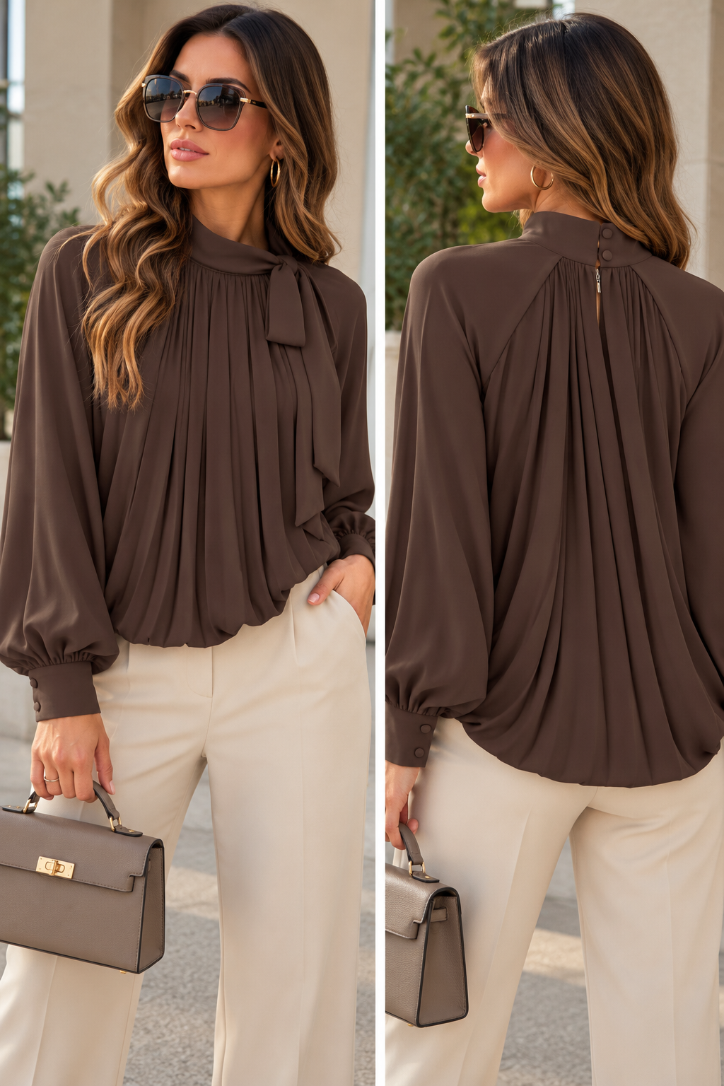 Bow tie blouse - Chocolate Brown