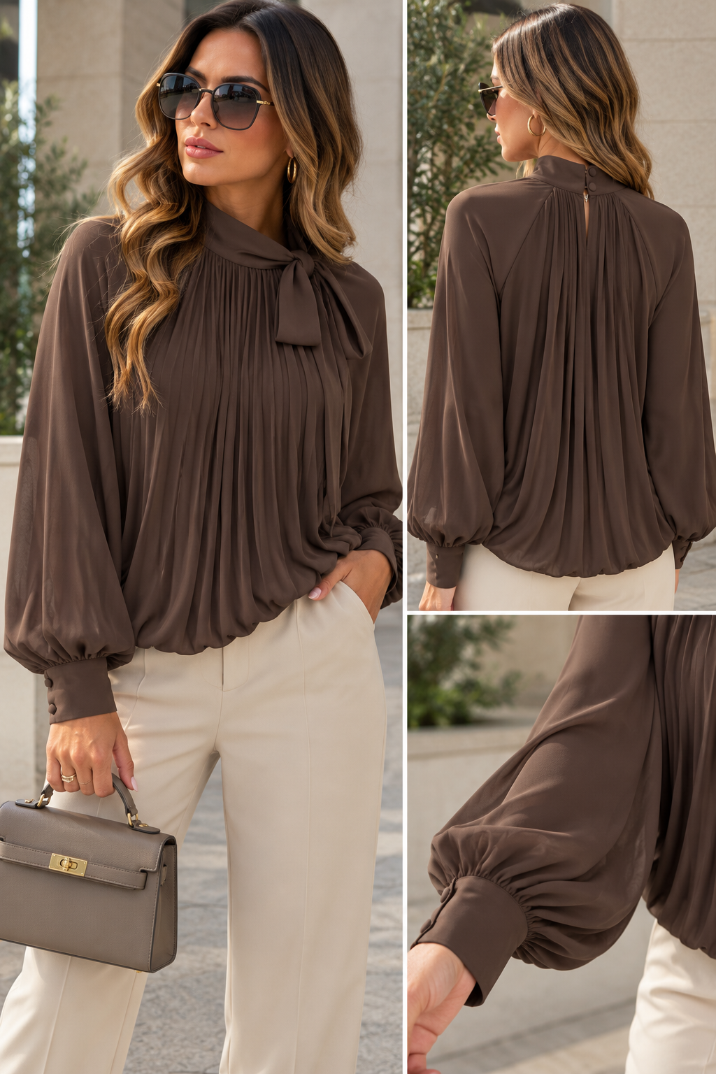 Bow tie blouse - Chocolate Brown