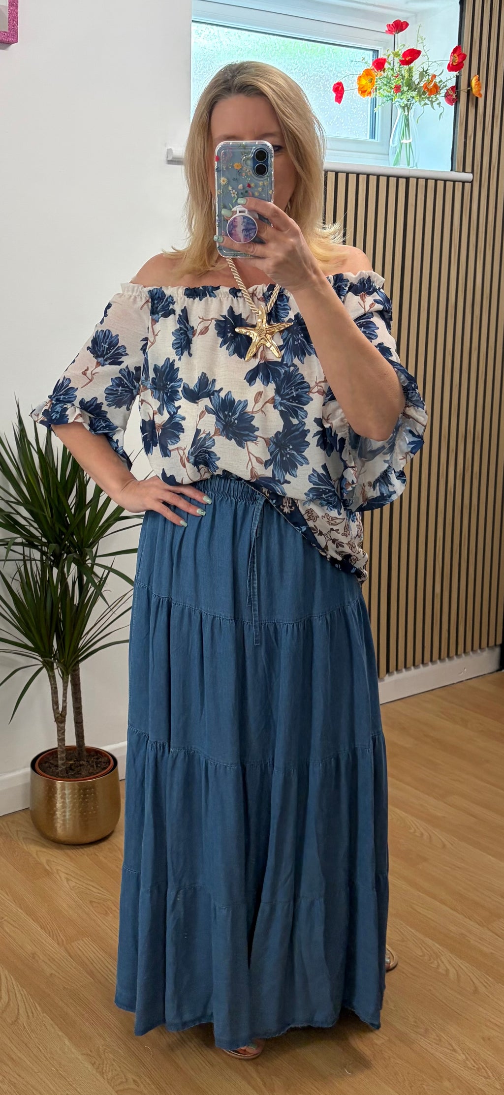Chambray Dark Denim Tiered Skirt