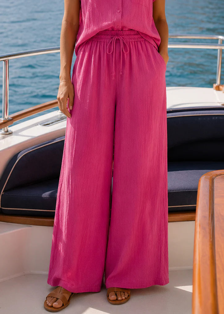 Crinkle Drawstring Wide Leg Trousers - Fuschia