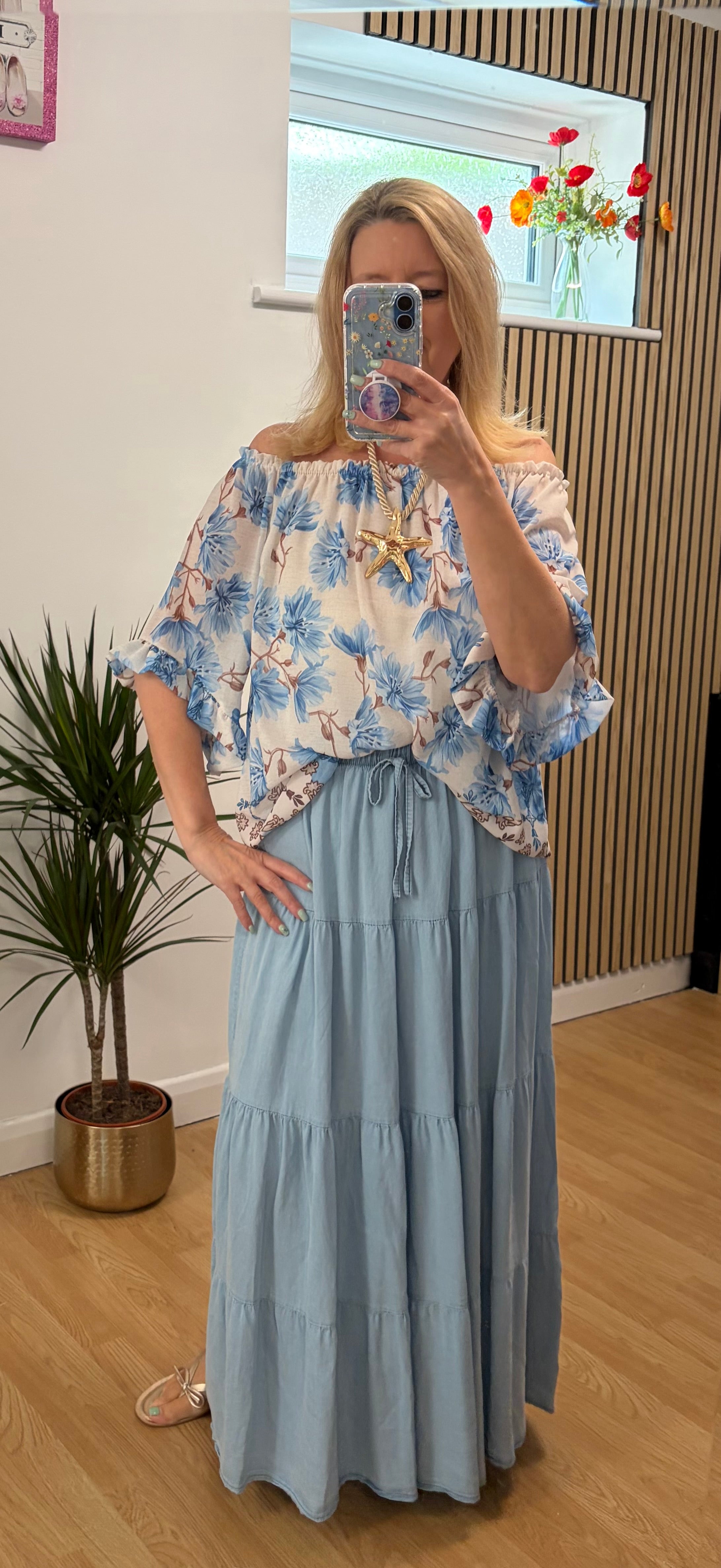 Chambray Light Denim tiered maxi skirt