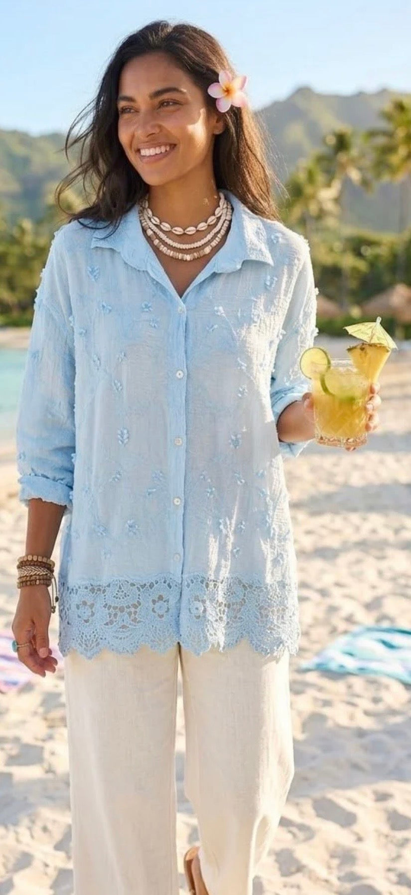 Lace Hem Textured Shirt - Baby Blue