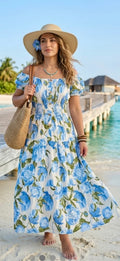 Jasmine Floral Button Detail Maxi Dress - Blue